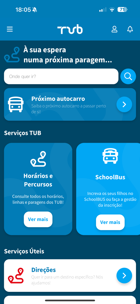 TUB App - Interface de l'application TUB pour le transport public à Braga Portugal montrant les horaires de bus et les directions en temps réel