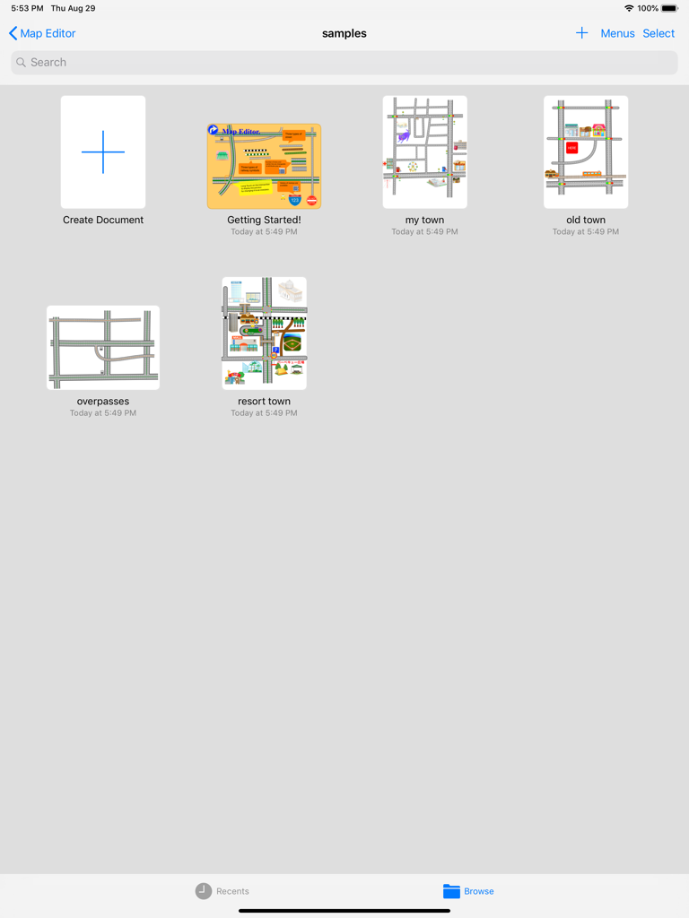 i Map Editor - Dashboard of i Map Editor on iPad showing sample projects and a create document button