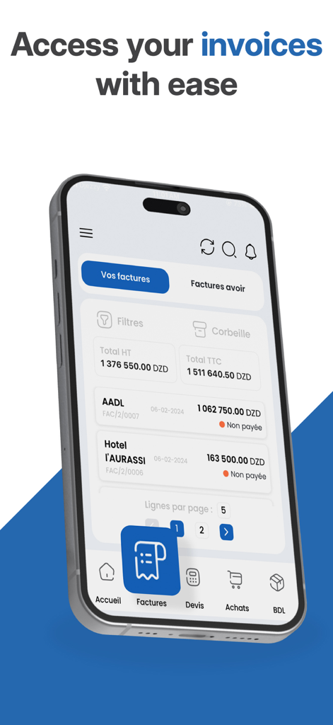 Interface de l'application Fatoura Mobile sur iPhone affichant une liste de factures d'entreprise et de statuts de paiement