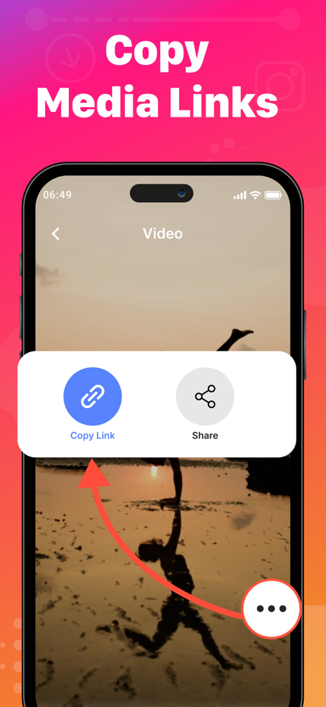 Instant Saver - Story Saver - Interfaz de la aplicación móvil que muestra cómo copiar enlaces de medios y compartir contenido de video