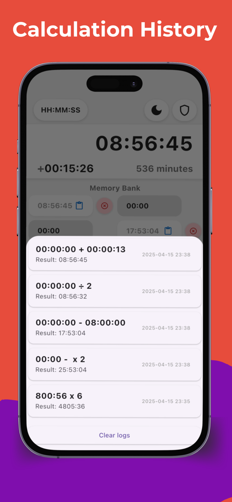 Calculator hours and minutes - Schermata della cronologia dei calcoli dell'app calcolatrice ore e minuti che mostra registri precedenti di operazioni di calcolo temporale