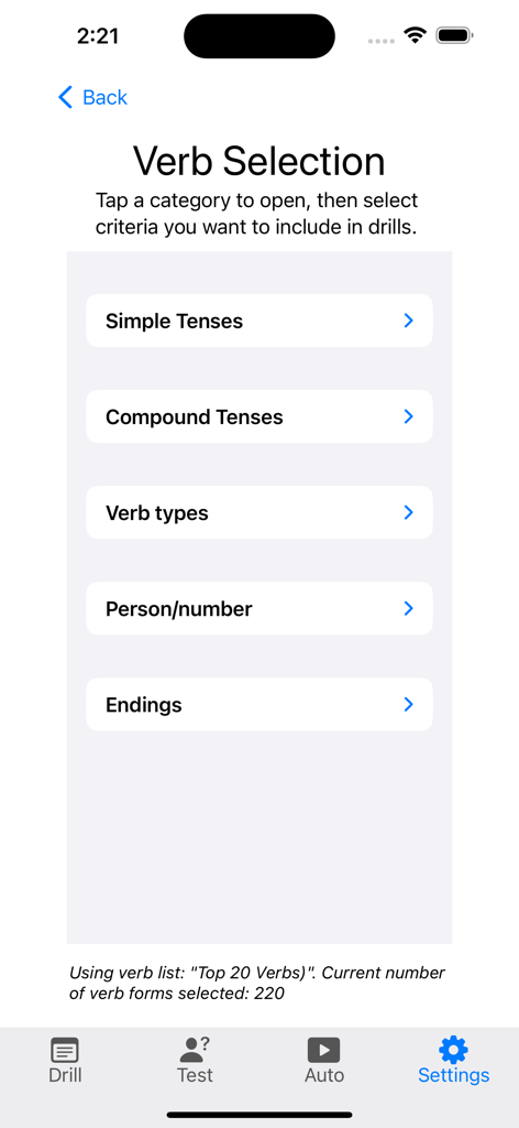 Verb-Auswahlbildschirm in der Verbi-App mit Optionen zur Anpassung von Übungen wie Zeitformen und Verbtypen