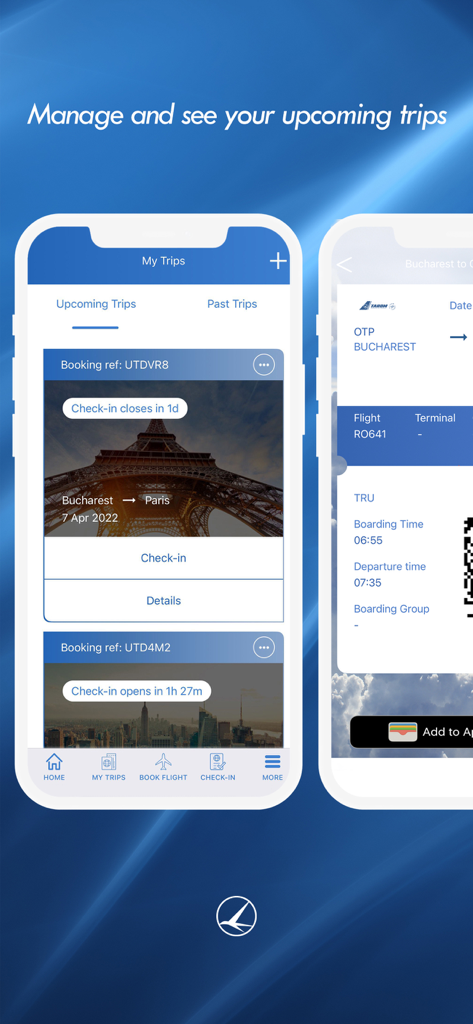 TAROM - Schermate mobili dell'app TAROM che mostrano la gestione dei viaggi imminenti e le informazioni di imbarco del volo.