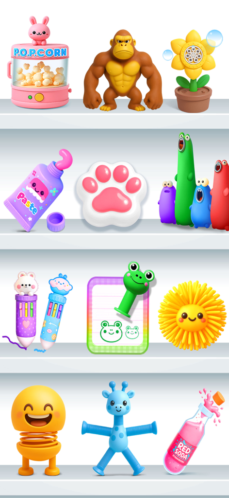 Minilax: Antistress Games - A variety of colorful digital fidget toys on shelves from the Minilax antistress game