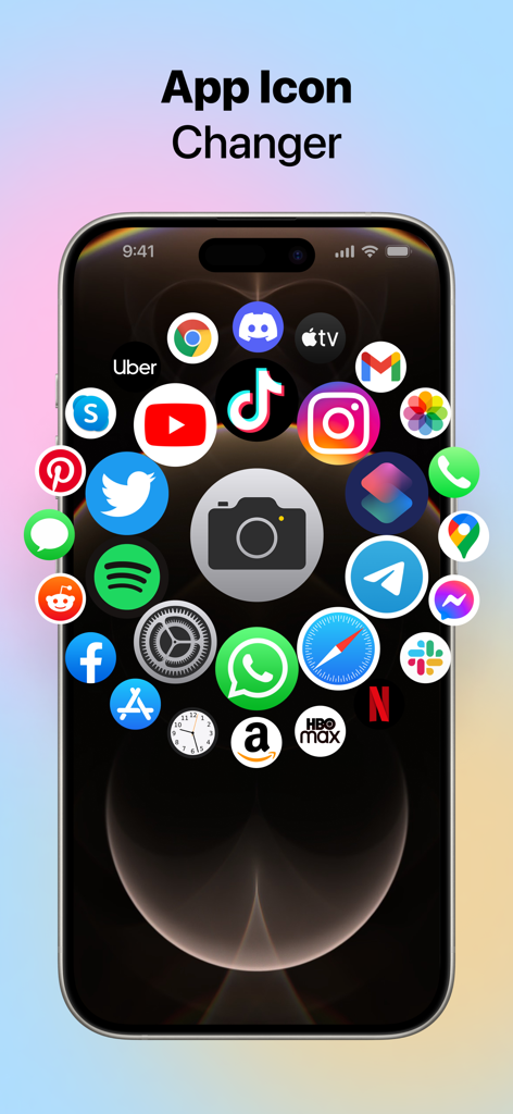 Themio・Fancy Widgets & Themes - iPhone screen displaying the Themio app icon changer feature with various app icons arranged in a circular layout