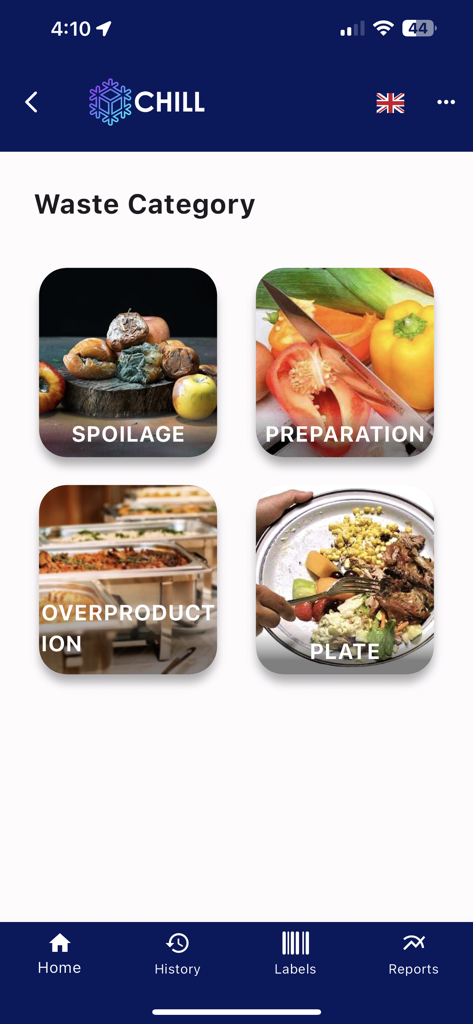 Chill app screen displaying professional food waste categories for tracking and reporting