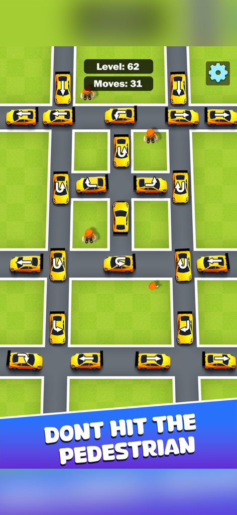 Car Slider: Clear the Roads - Vista de pájaro de un nivel de rompecabezas de tráfico en Car Slider con coches amarillos y peatones en una cuadrícula de carretera.