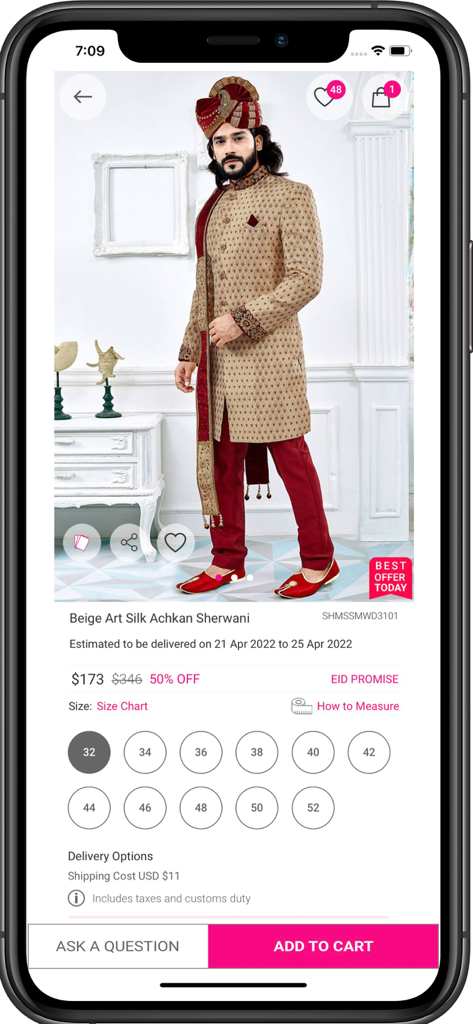 Cbazaar mobile app product page for a beige art silk achkan sherwani for men including price and size options