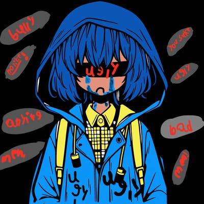 little anime girl in a raincoat her hair is covering her eyes she has a lighter