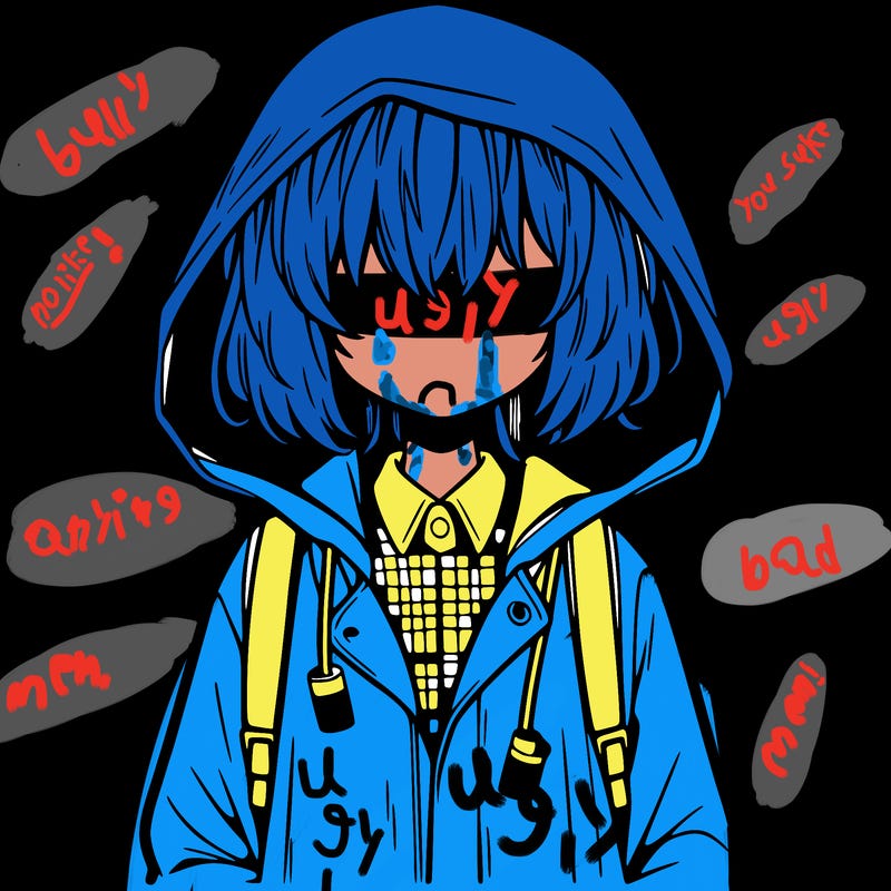 little anime girl in a raincoat her hair is covering her eyes she has a lighter