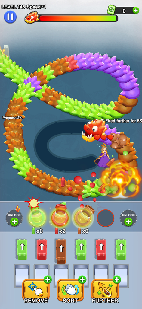 Gameplay screenshot of Girl Rescue Dragon Out showing cannons attacking a colorful segmented dragon to save a princess.