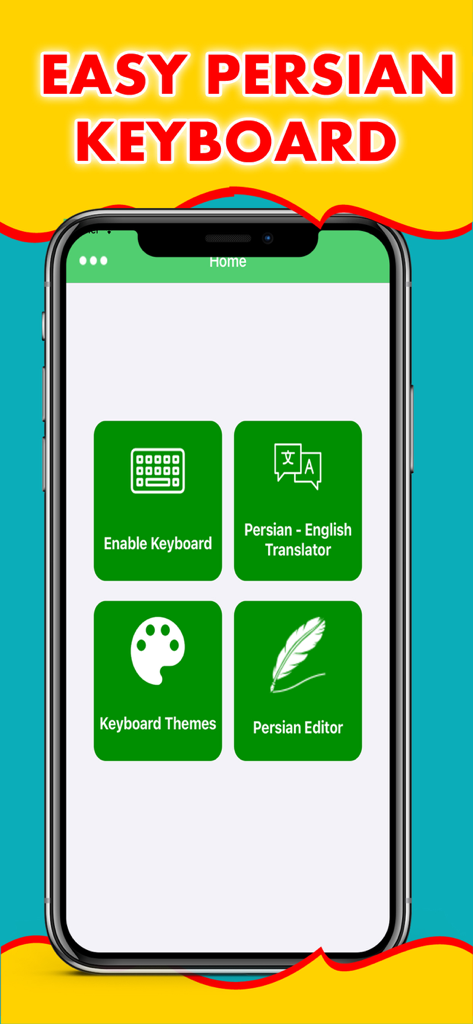 Persian Keyboard - Type Farsi - Hauptmenü der persischen Tastatur-App mit Optionen für Übersetzung und Themes