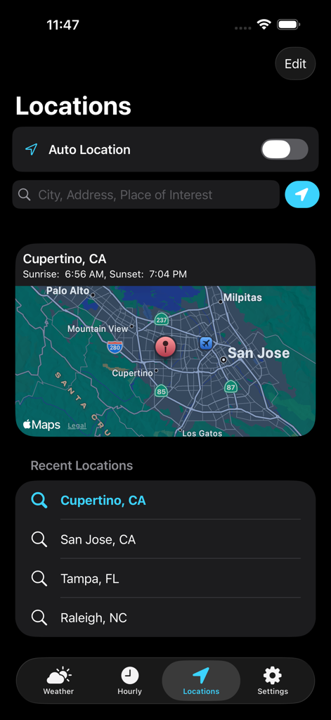 Weather NOAA - Weather NOAA locations screen featuring a map of Cupertino and a list of recent searches.