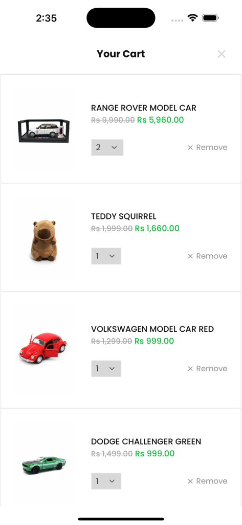 Shopping cart screen of the D Online app showing items like model cars and a teddy squirrel with discounted prices