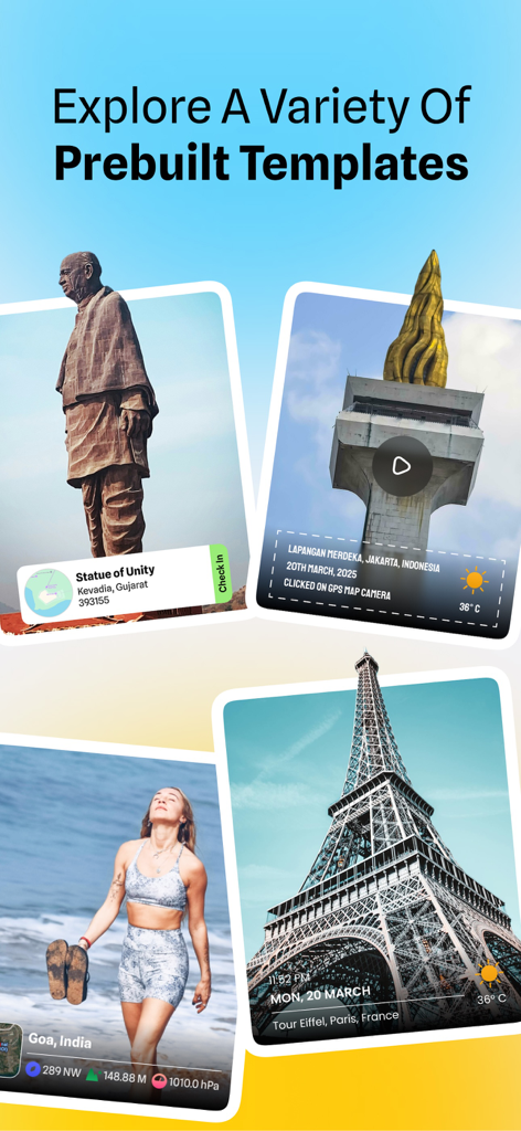 MapCam - GPS Map Camera - Showcase of various prebuilt templates for geotagging photos with GPS location and timestamps