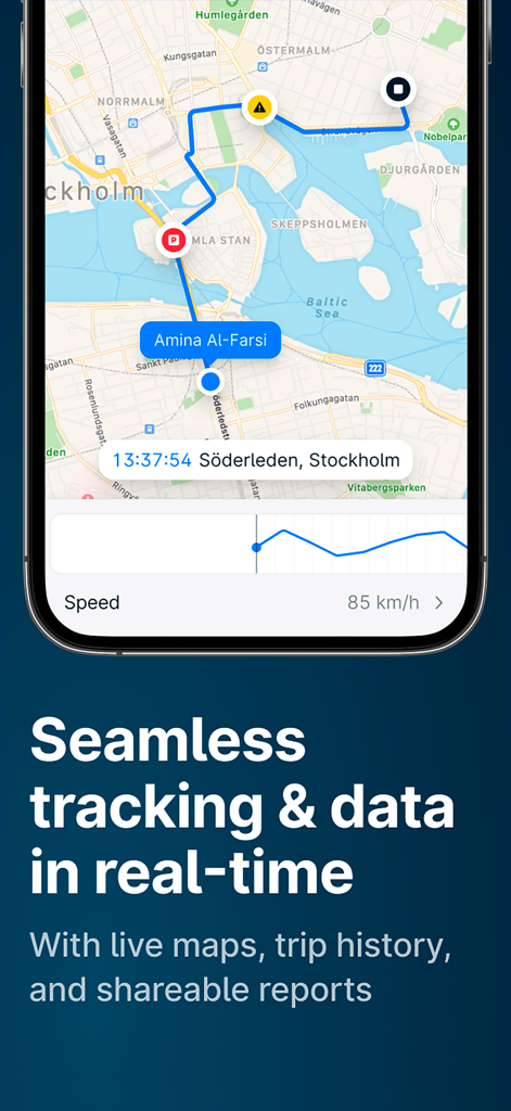 Fleet: Mobile Fleet Management - A mobile app interface displaying real-time vehicle tracking on a map with speed data and trip history