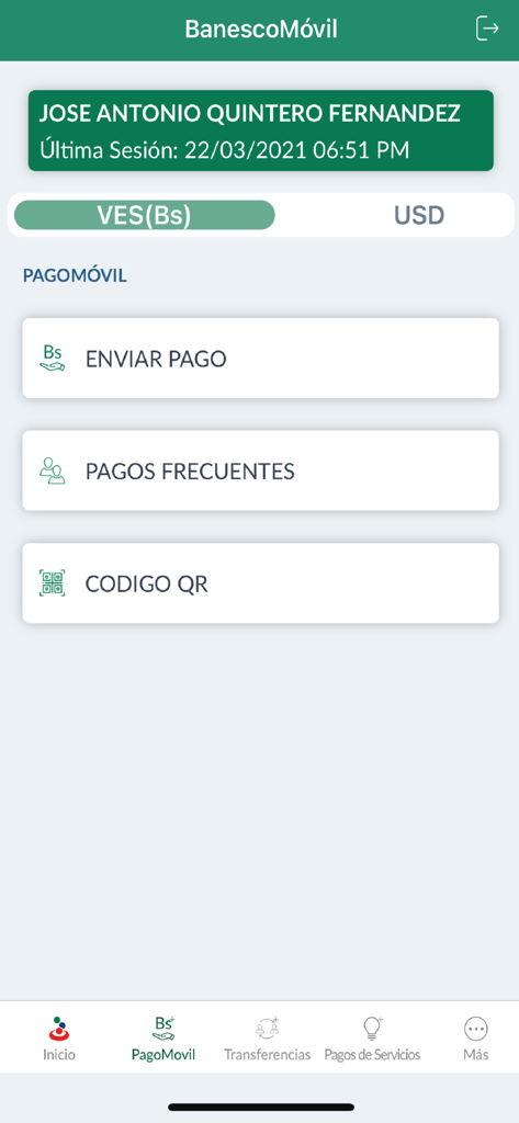 Banesco Ve - Aplicación móvil Banesco Ve mostrando las opciones del menú de pago instantáneo PagoMóvil