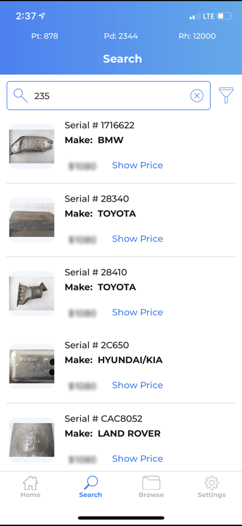 Catalytic Converter Database - Mobile app search results showing catalytic converters by serial number and car make