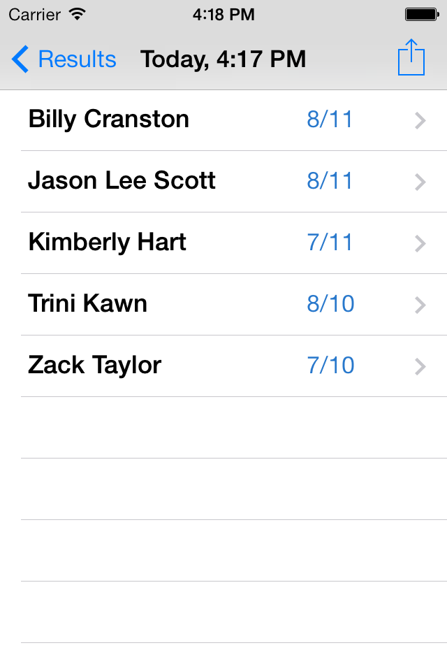Irregular Verbs Fun Deck - A list of student names and their corresponding test scores in the Irregular Verbs Fun Deck app results screen.