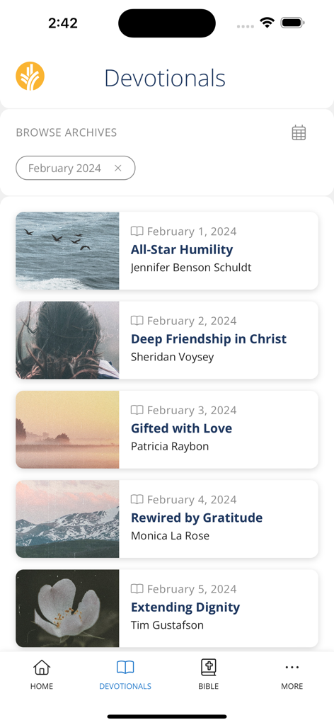 A list of daily spiritual devotionals with titles and dates in the Our Daily Bread app