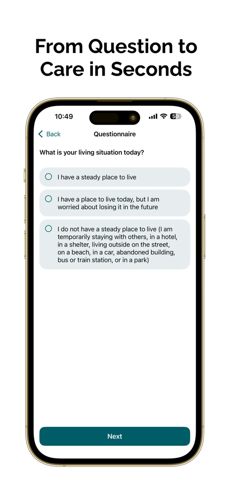 Nurse AI mobile app showing a Social Determinants of Health questionnaire screen about patient housing stability