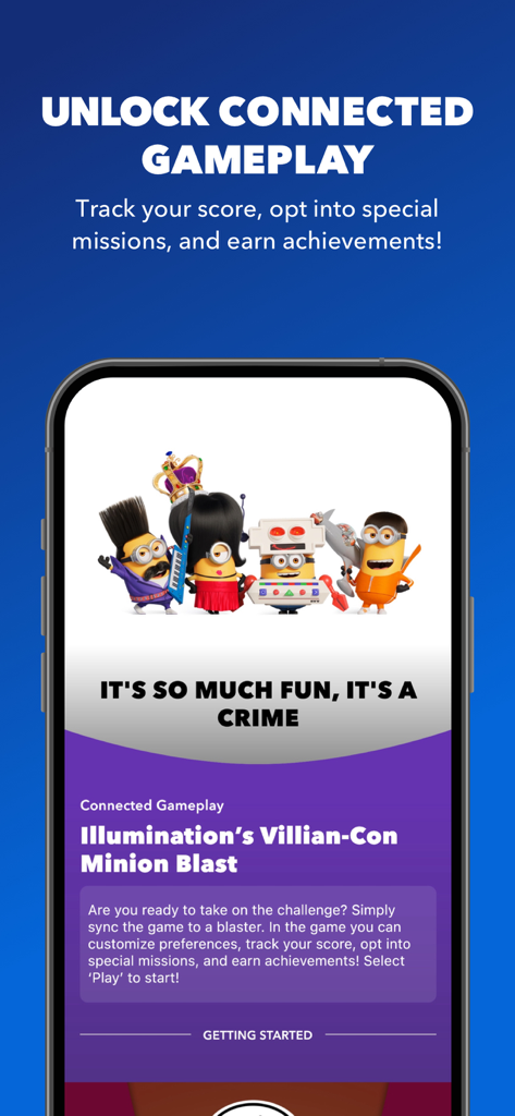 Connected gameplay screen for the Minion Blast feature in the Universal Orlando Resort app featuring various Minion characters