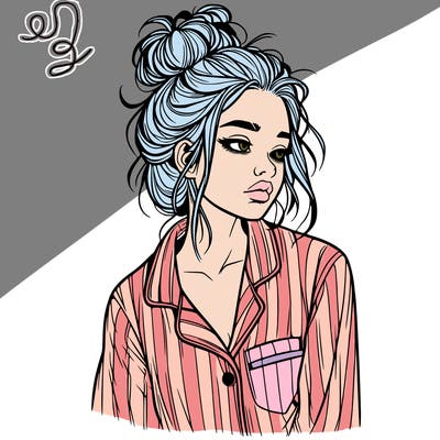 realistic woman with pajamas on and a messy bun
