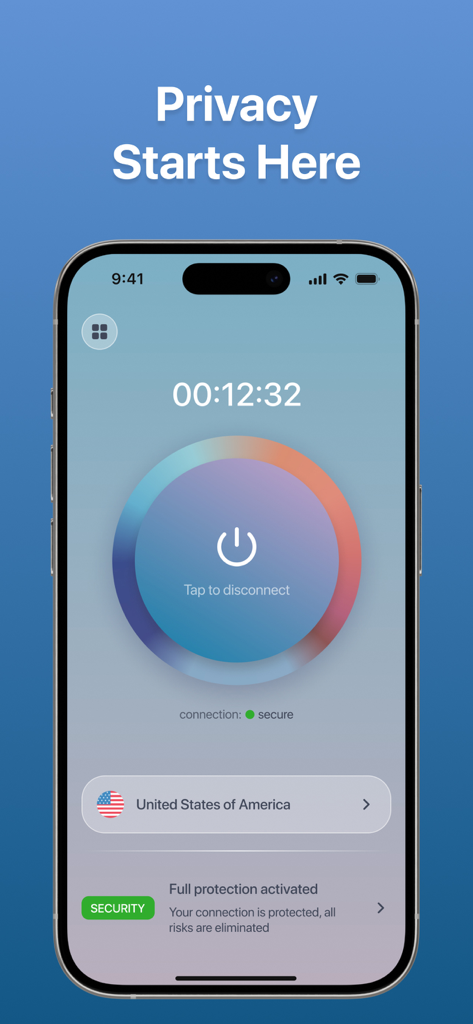 Fortyx VPN - Fortyx VPN app interface showing a secure connection to a United States server on an iPhone