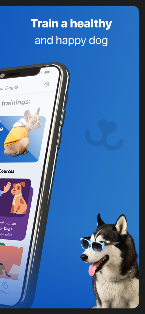 Dog Training & Clicker - Pawer - Pawer app interface for training a healthy and happy dog featuring courses and a husky with sunglasses.