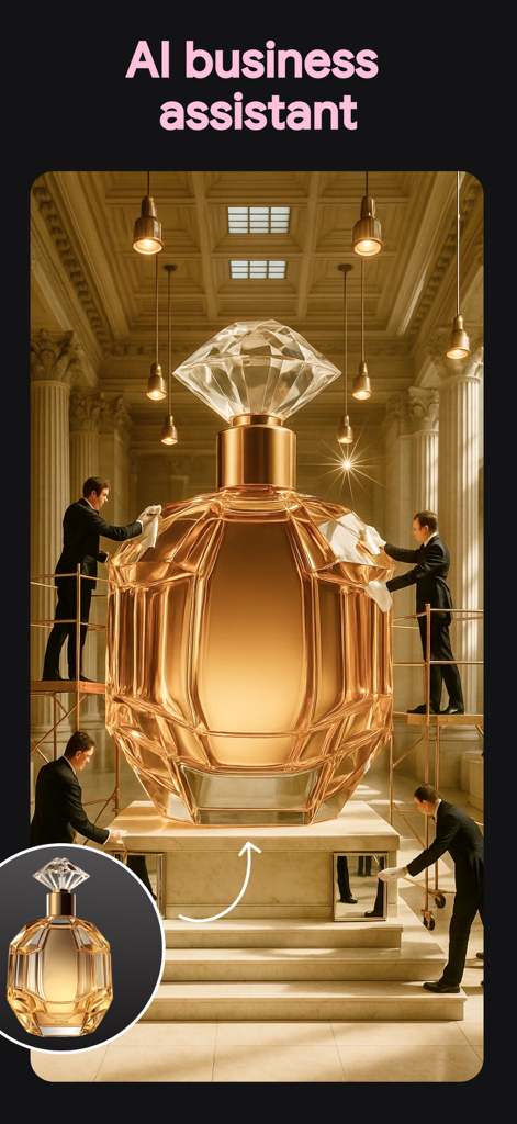 AI business assistant generating a creative commercial scene from a perfume bottle product photo