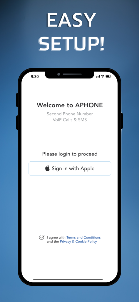 Welcome screen of APhone app showing login with Apple option for easy setup.