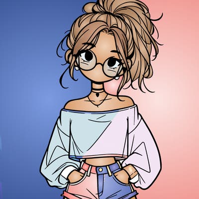 girl with a messy ponytail glasses a baggy crop top and jean shorts
