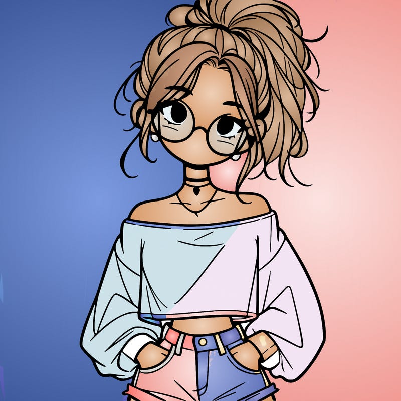girl with a messy ponytail glasses a baggy crop top and jean shorts
