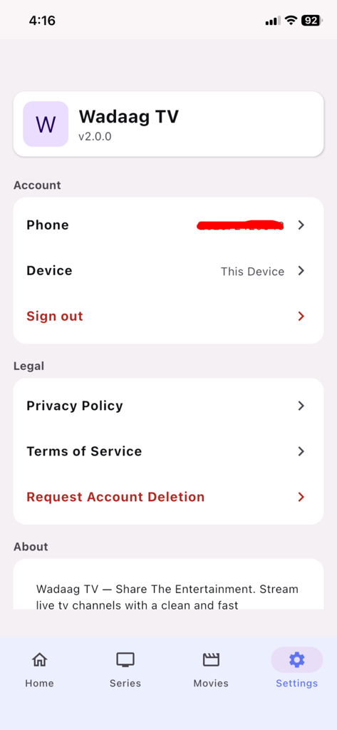 Wadaag TV - Settings interface of Wadaag TV showing account management and legal options