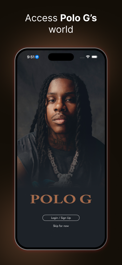 Polo G - Official App - Polo G Official App welcome screen featuring artist portrait and login options