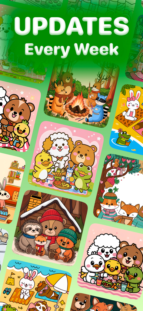 Eine Collage aus niedlichen und bunten Malillustrationen mit verschiedenen Tieren in gemütlichen Umgebungen und dem Text Updates jede Woche