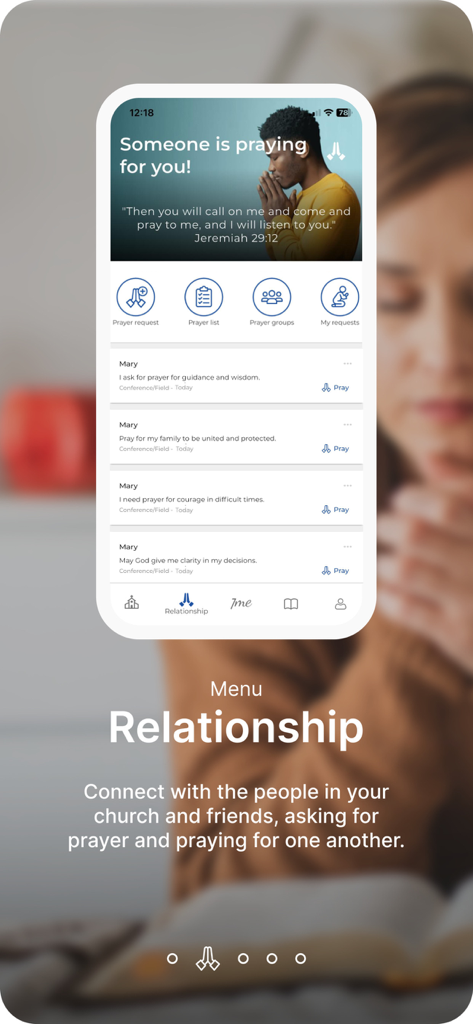 Smartphone showing the 7me app Relationship screen for church prayer requests and community support