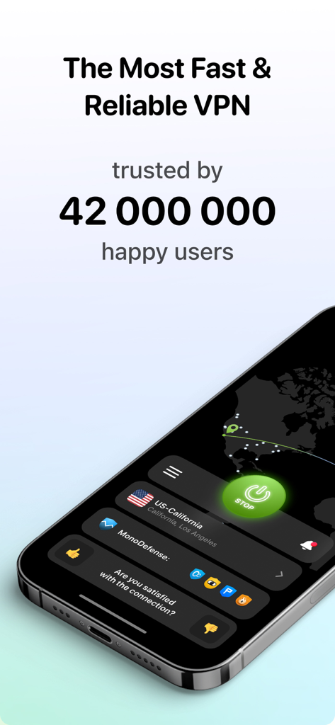 VPN Unlimited app interface showing a secure connection to a California server and trust from millions of users.