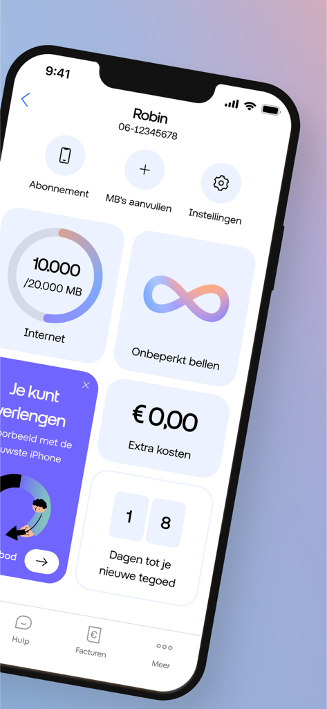 Odido mobile app interface showing data usage and account overview.