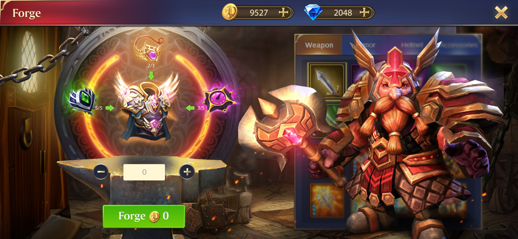 Trials of Heroes: Idle RPG - Un guerrero enano con armadura dorada junto al menú de forja de equipo en Trials of Heroes Idle RPG.