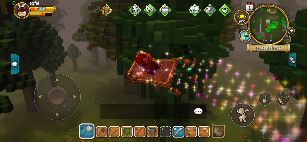 Islet Online : Craft - Un personaje volando en una alfombra mágica sobre un bosque de vóxeles en Islet Online Craft