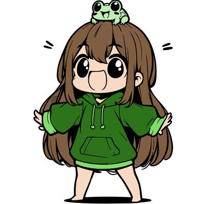 a excited chibi girl whith long hair and a baggy shirt whith a frog on there head