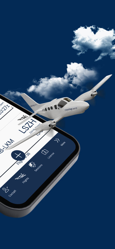 capzlog.aero pilot logbook - A smartphone displaying the capzlog aero pilot logbook app with a small 3D airplane flying over the screen