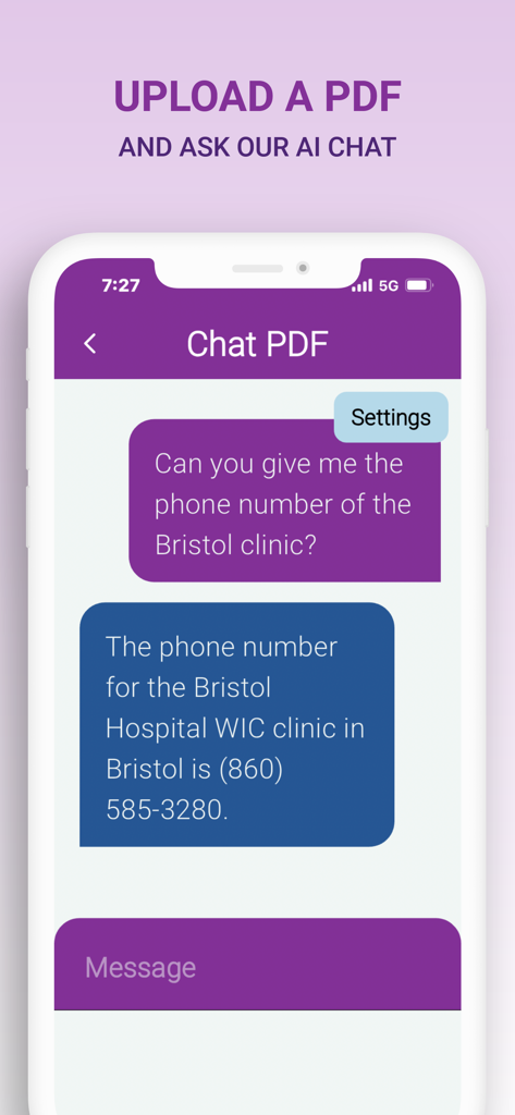 Captura de pantalla de la aplicación Guía de Beneficios WIC mostrando la interfaz de chat del lector de PDF con IA