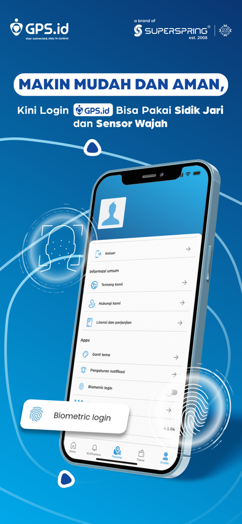 GPS.id by Super Spring - A smartphone displaying the biometric login settings for the GPS id vehicle tracking app with fingerprint and face recognition icons