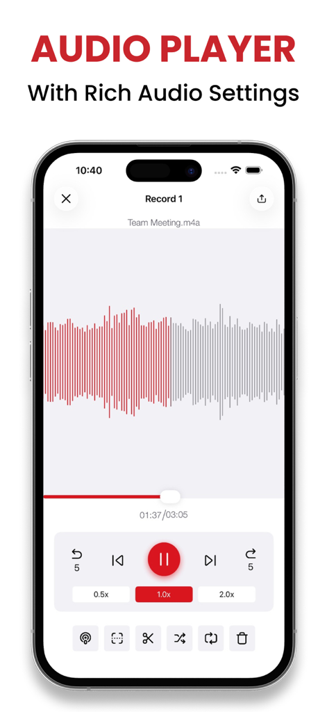 Pantalla del reproductor de audio de la aplicación Recorder Plus con visualización de forma de onda y controles de velocidad de reproducción.