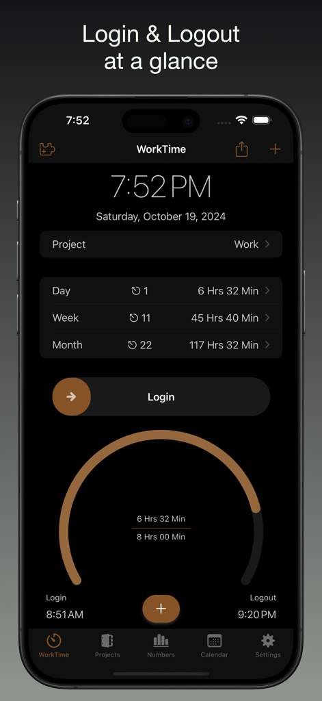 iboChron - Work Time Tracker - iboChron Work Time Tracker Mobile Dashboard mit täglicher und monatlicher Stundenzusammenfassung