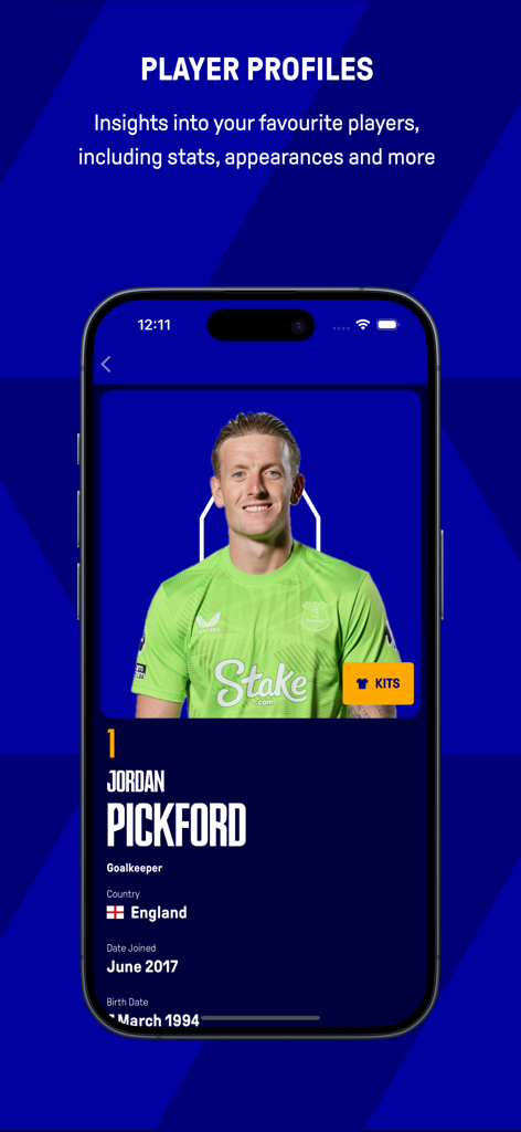 Everton - Everton app screen showing Jordan Pickford player profile and stats