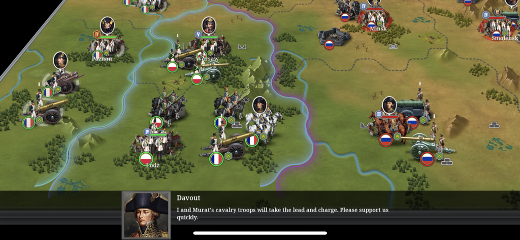 Tactical map in European War 6 featuring Napoleonic units and a mission briefing from General Davout
