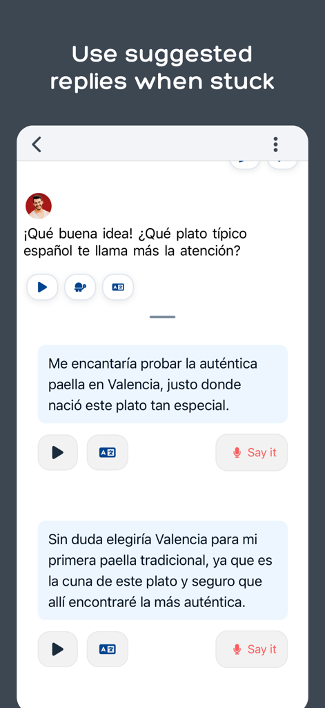 Interface de l'application Langua montrant les réponses suggérées par l'IA pour une conversation en espagnol.